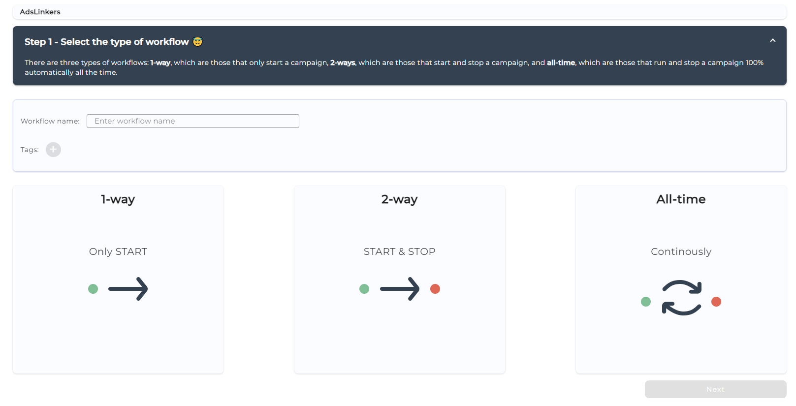 Workflow creation view on AdsLinkers platform