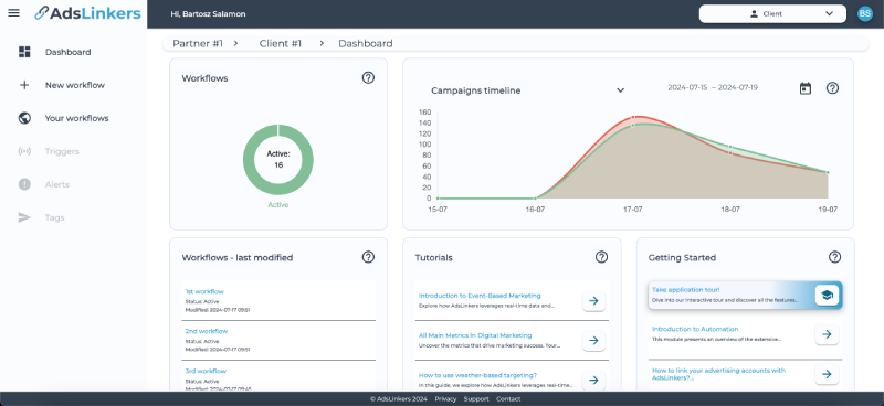 AdsLinkers dashboard where you can see status of your weather advertising workflows.