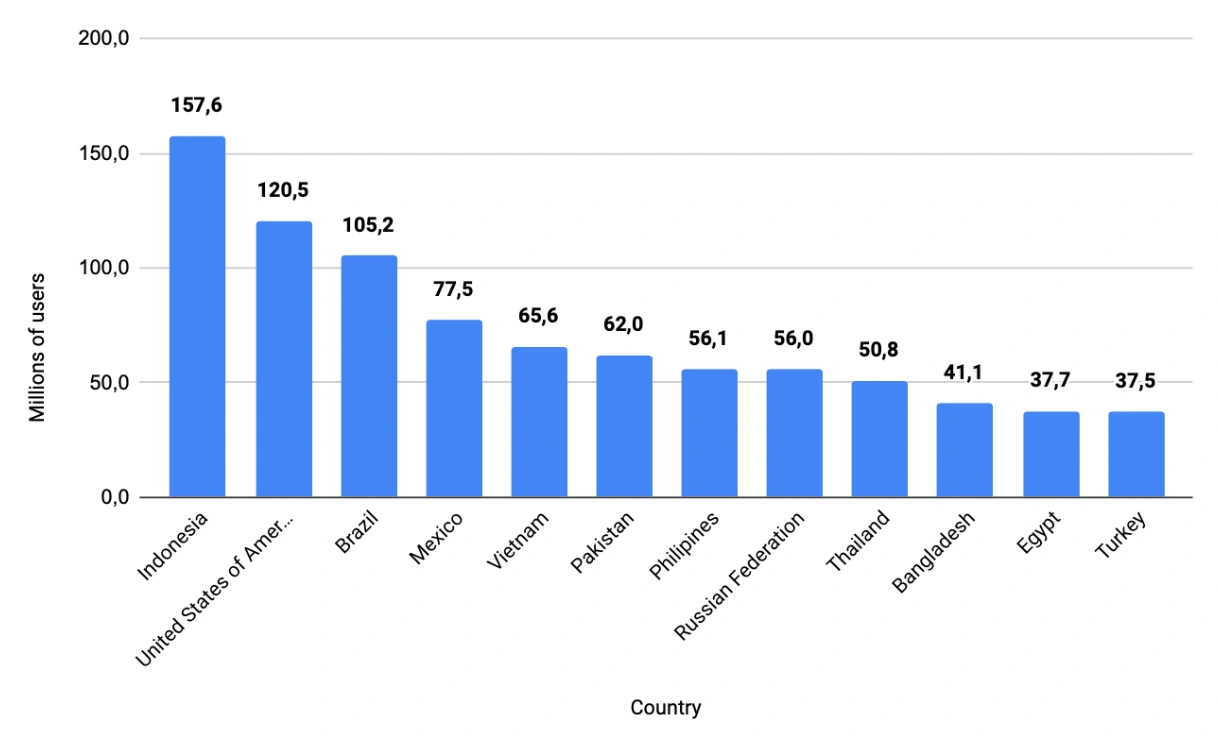 TikTok users by country in 2024.