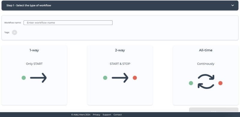 Different types of workflows available in AdsLinkers platform.