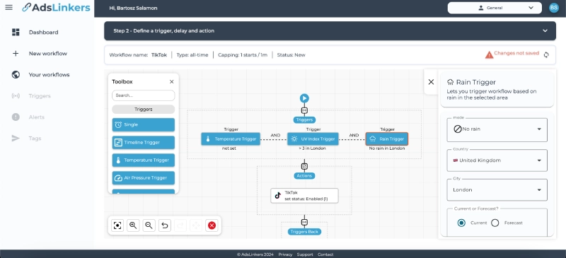 View of workflow setup in AdsLinkers with weather triggers for Social Media like TikTok